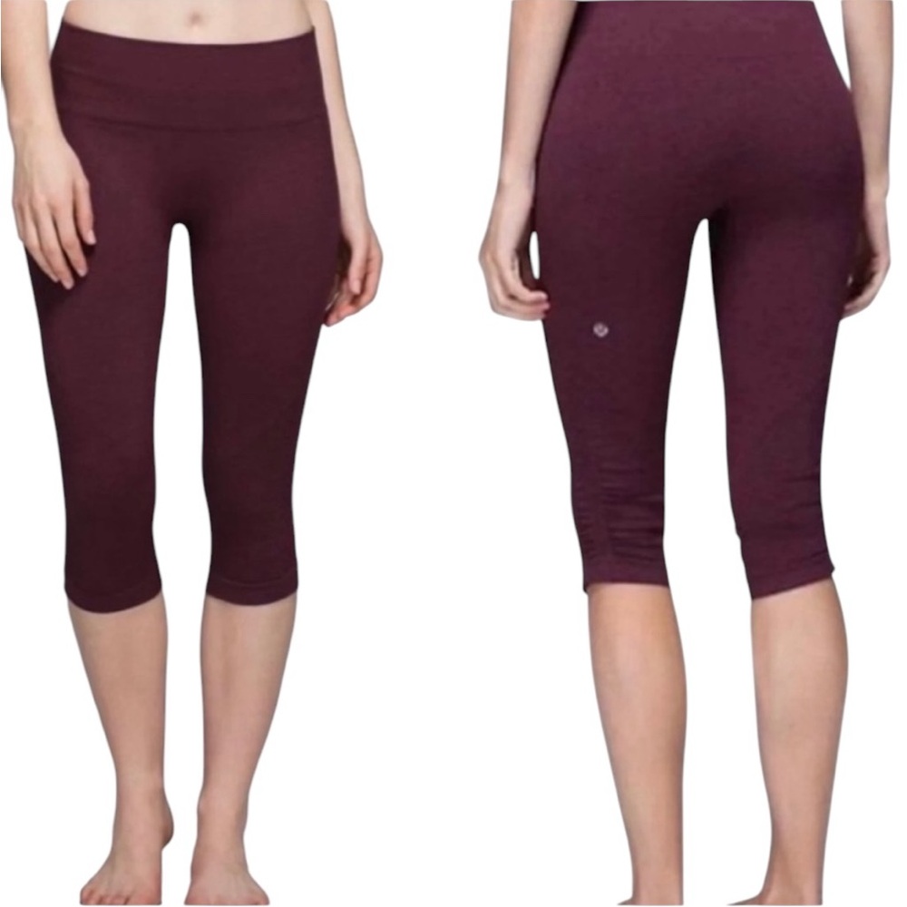 LULULEMON FLOW CROP HEATHERED BORDEAUX DRAMA BURGUNDY MAROON WINE TIGHTS LEGGING